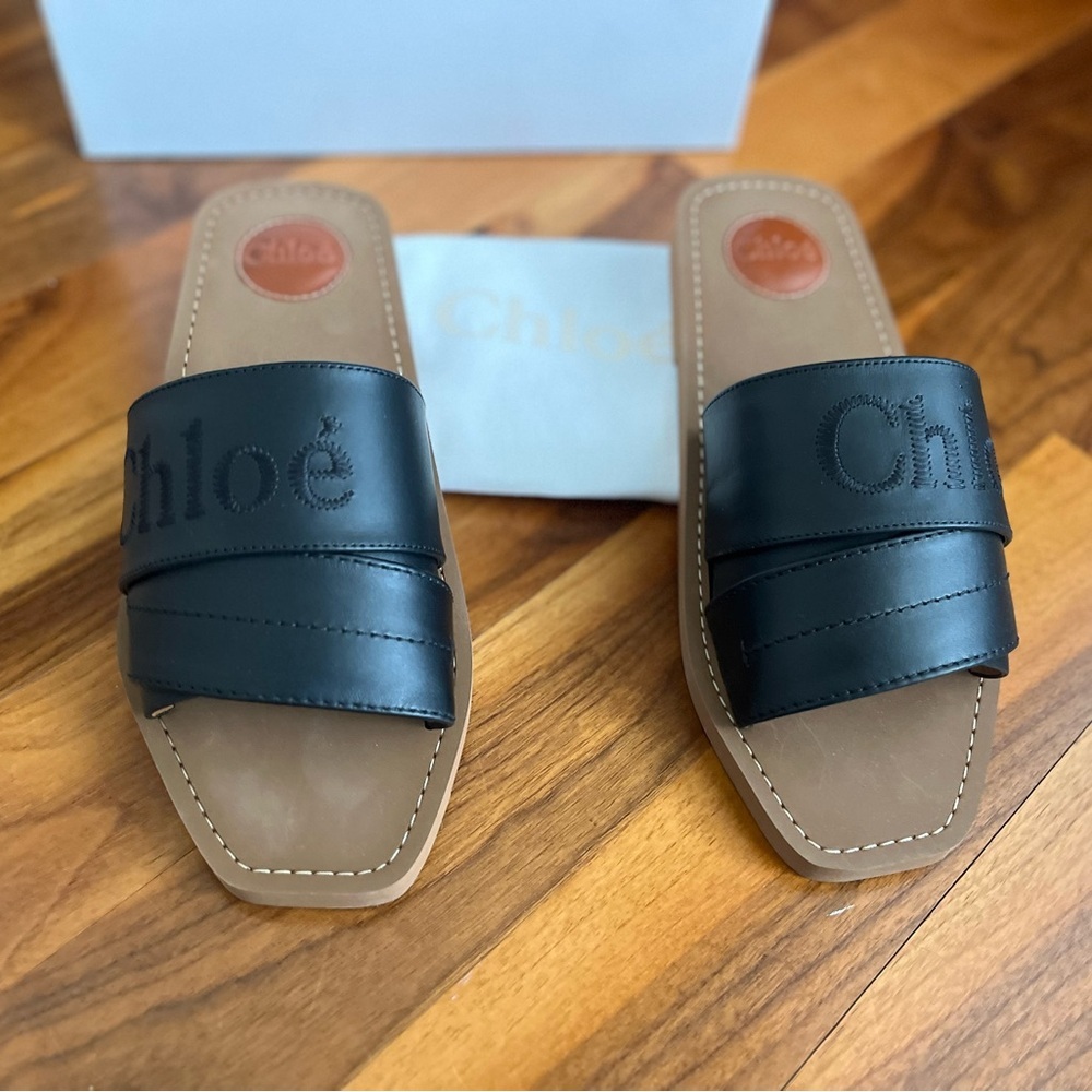 Chloe Woody Logo Leather Strap Slides Sandals size 40, NEW - Picture 3 of 14
